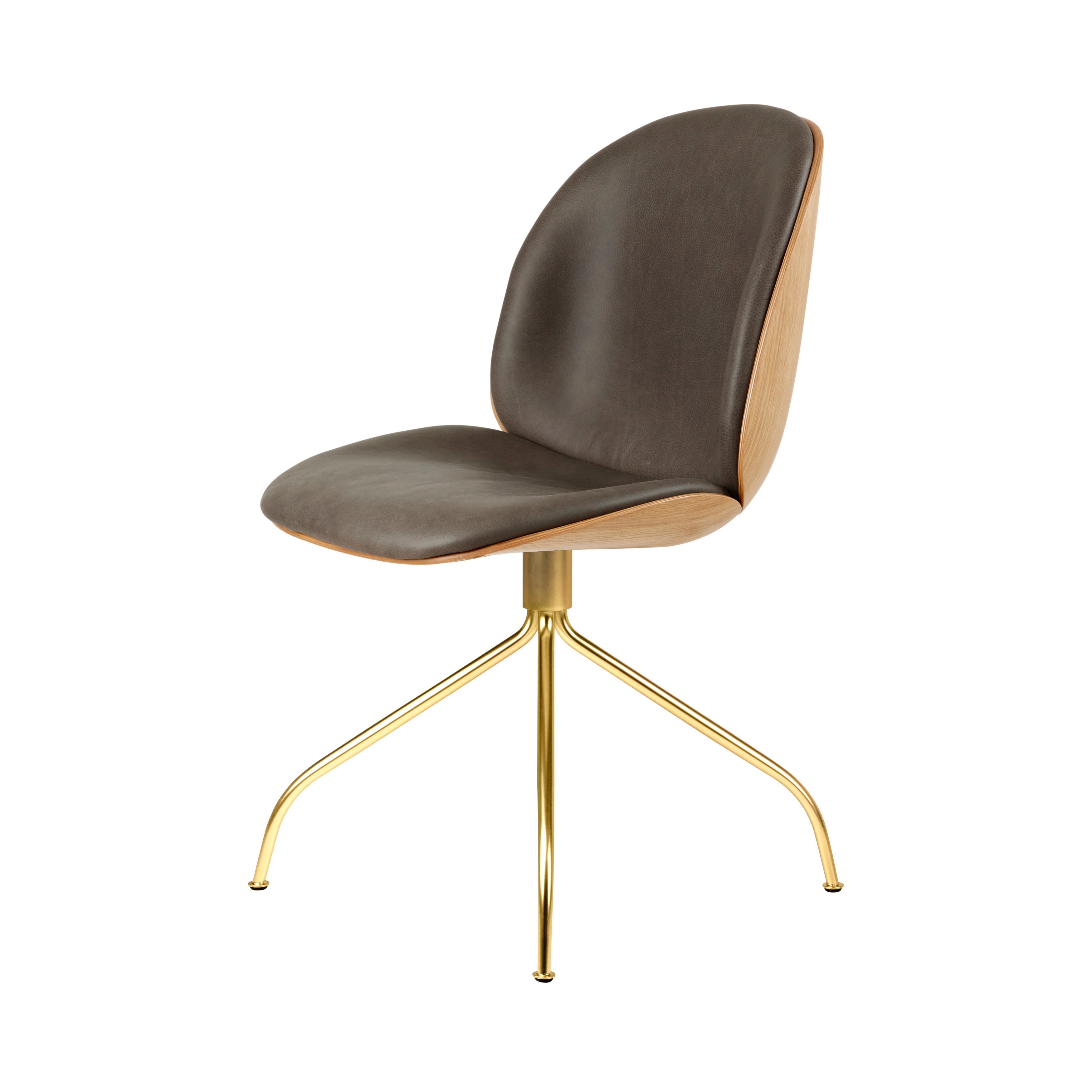 Beetle Meeting Chair Swivel Base: Veneer Shell + Front Upholstered + Oak + Brass Semi Matt