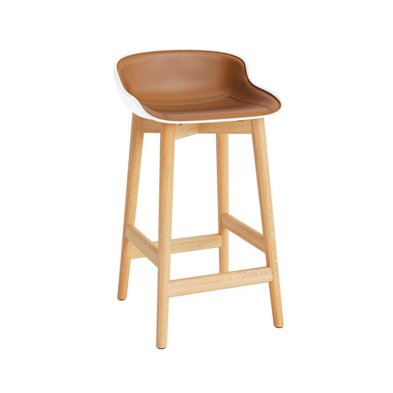 Hyg Counter Stool: Wood Base + Front Upholstered + Oak + White