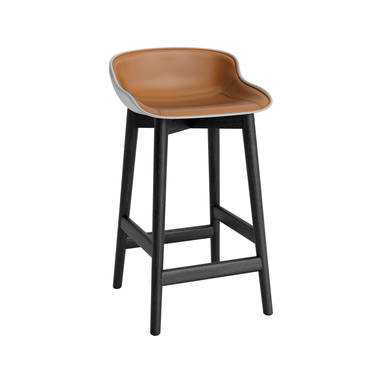 Hyg Counter Stool: Wood Base + Front Upholstered + Oak + Grey