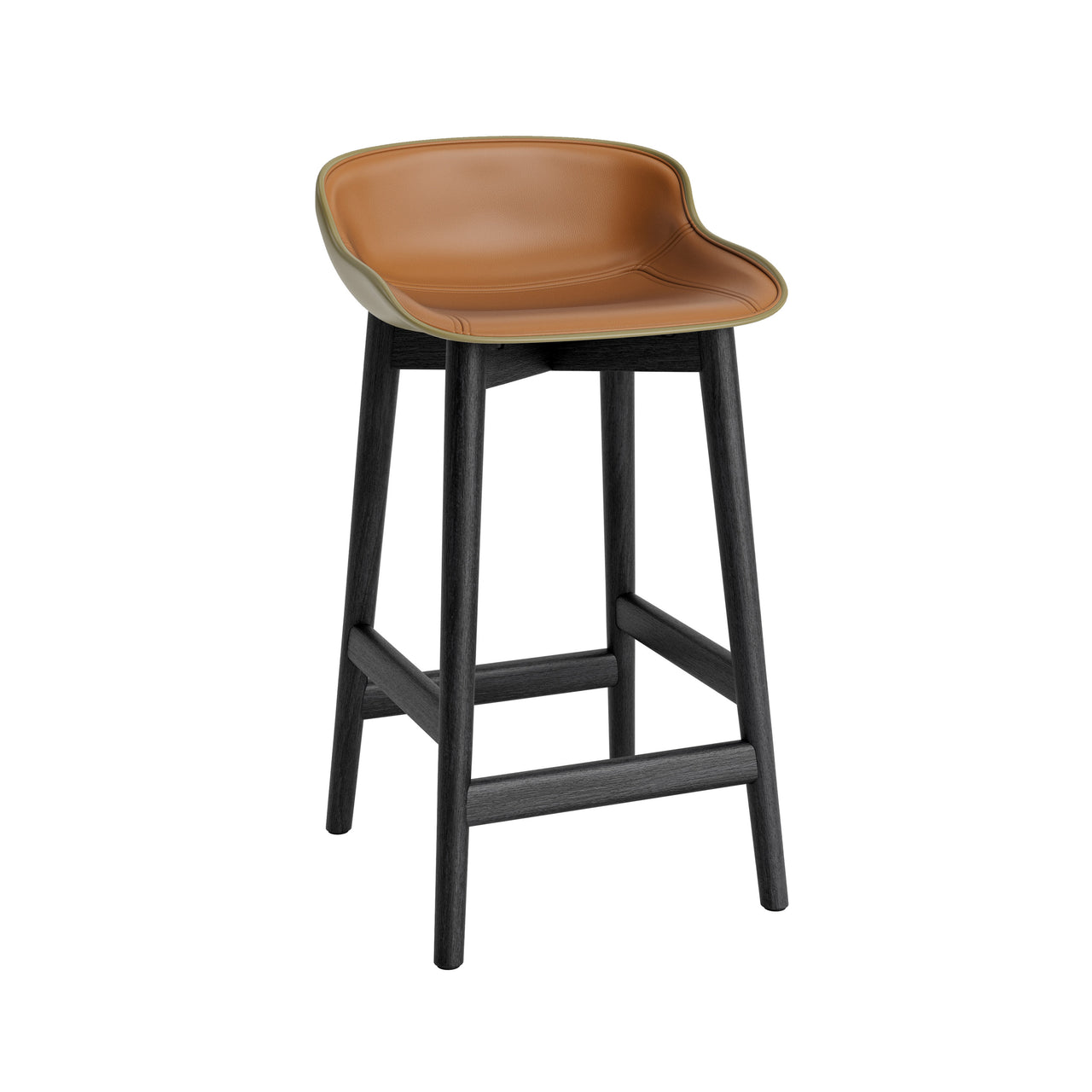 Hyg Counter Stool: Wood Base + Front Upholstered + Oak + Olive