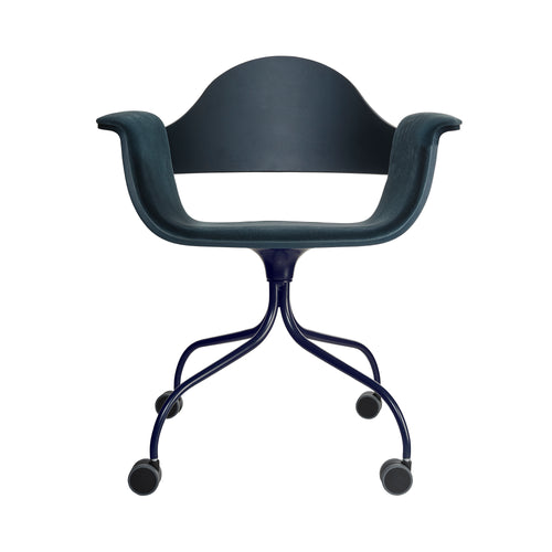 Showtime Swivel Armchair with Castor: Seat Upholstered + Stained Navy Blue + Bluish Grey