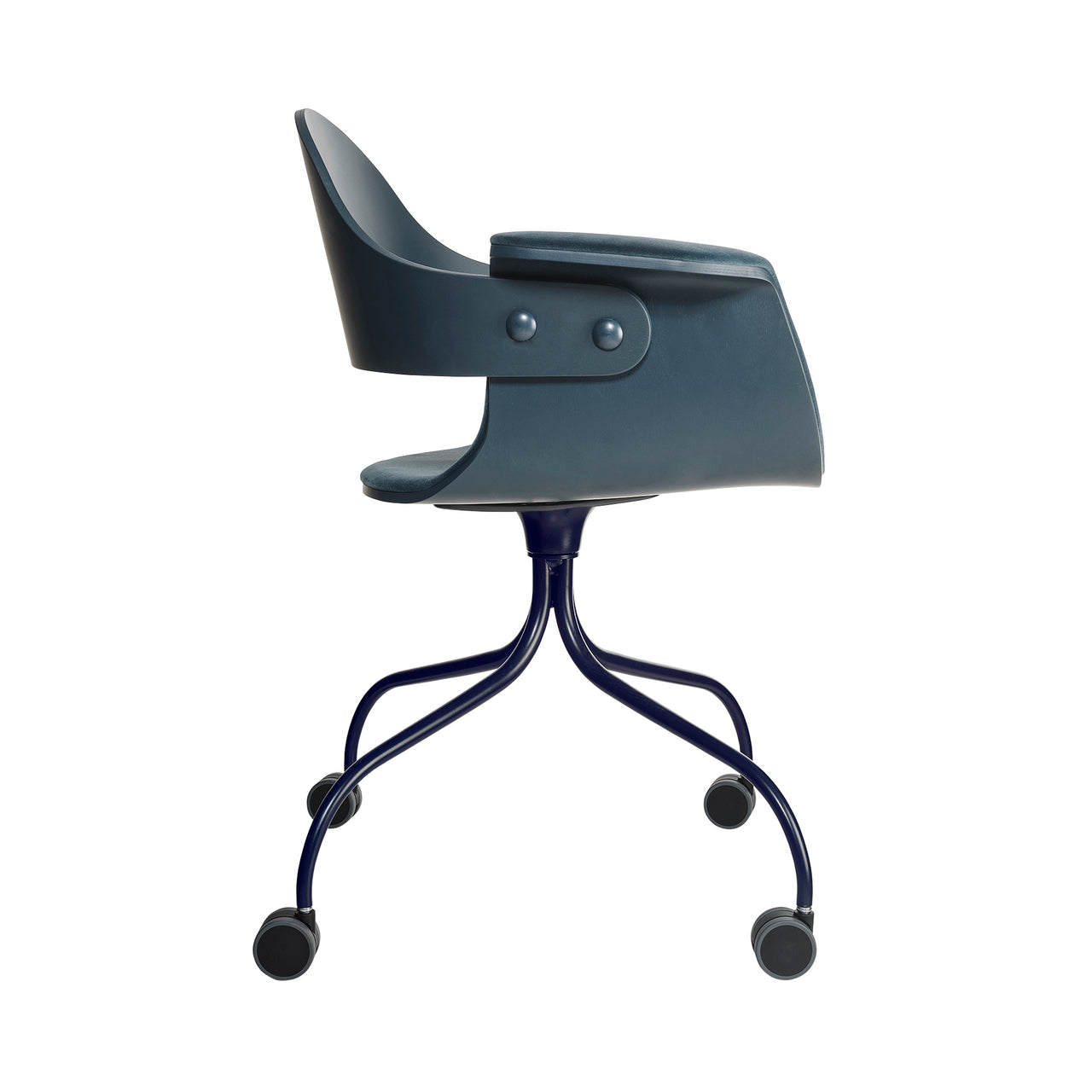 Showtime Swivel Armchair with Castor: Seat Upholstered + Stained Navy Blue + Bluish Grey