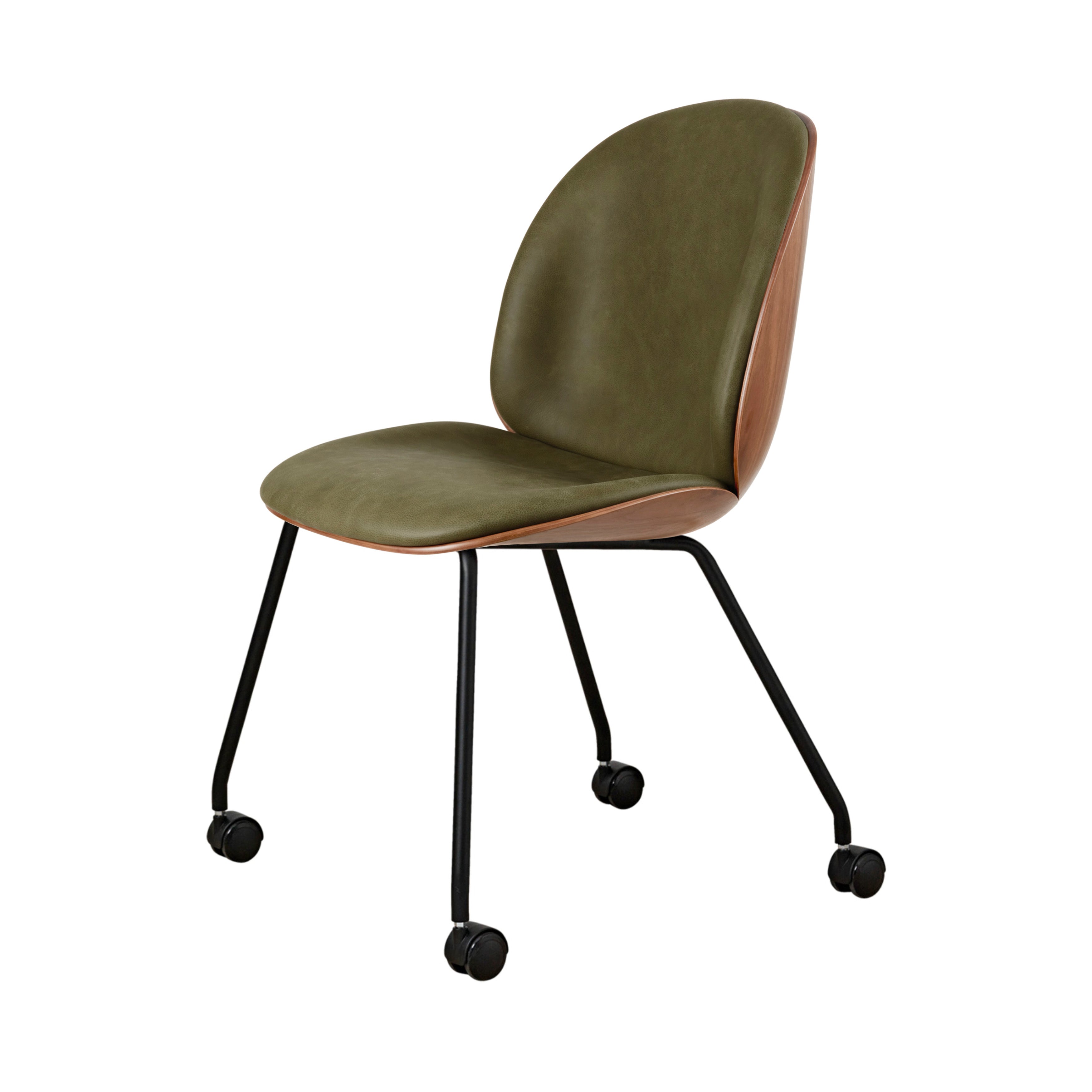Beetle Meeting Chair Veneer Shell: 4-Legs with Castors + Front Upholstered + American Walnut