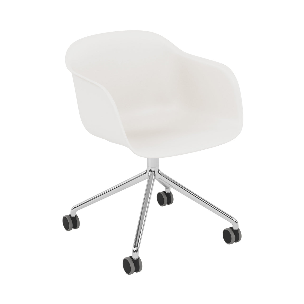 Fiber Armchair: Swivel Base with Castors + Recycled Shell + White + Polished Aluminum + Black