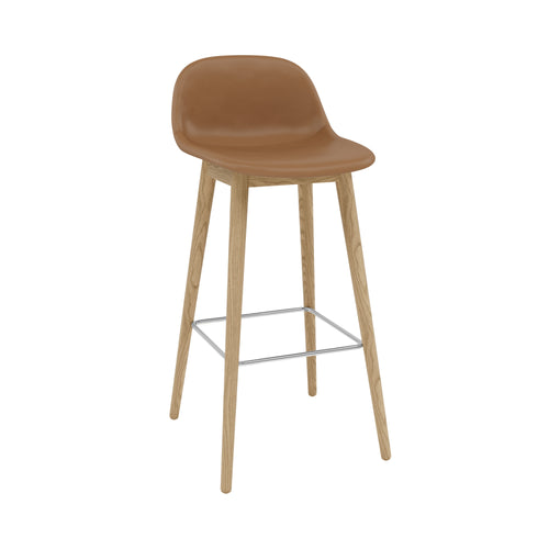 Fiber Bar + Counter Stool with Backrest: Wood Base + Upholstered + Bar + Refine Leather Cognac