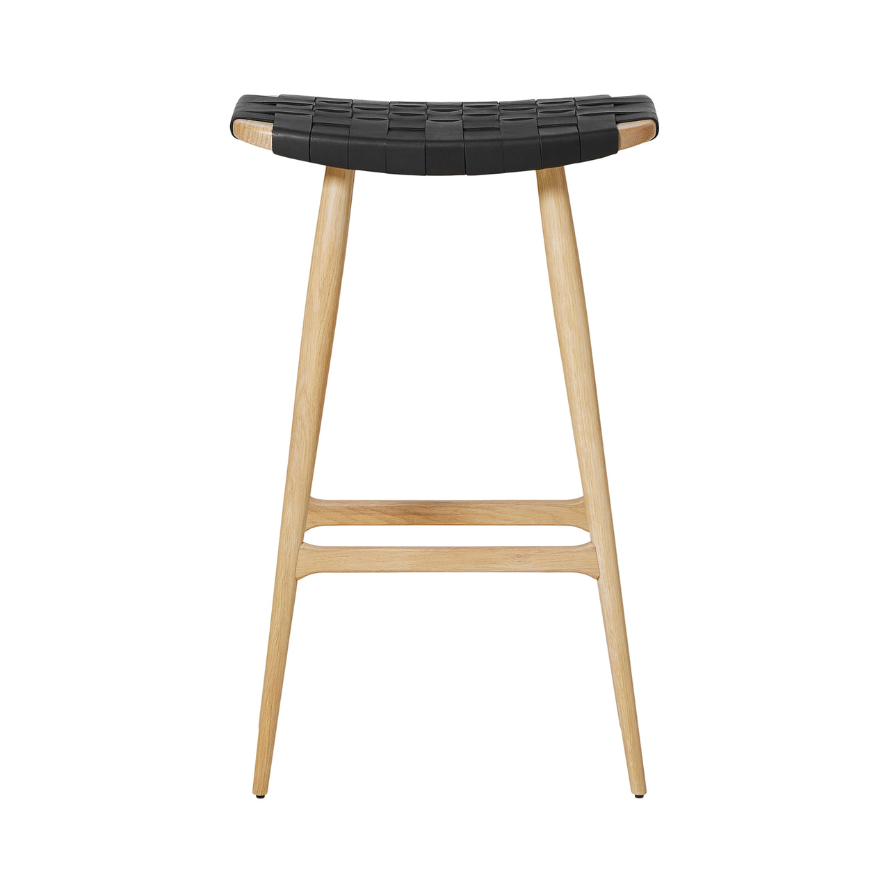 Freja Bar Stool: Natural Oak + Black Saddle + Leather Stripe Seat