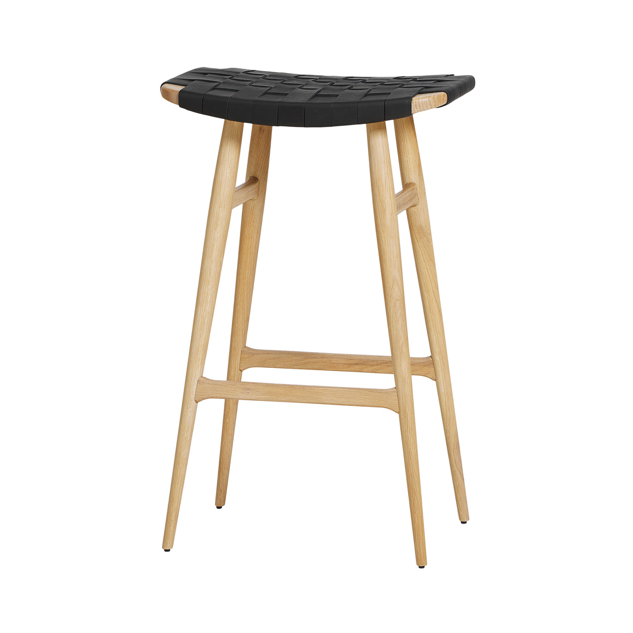 Freja Bar Stool: Natural Oak + Black Saddle + Leather Stripe Seat