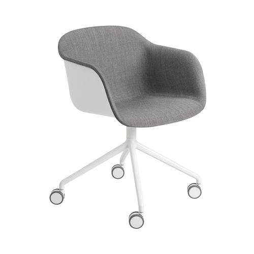 Fiber Armchair Swivel Base with Castors: Front Upholstered + Recycled Shell + White + Natural White