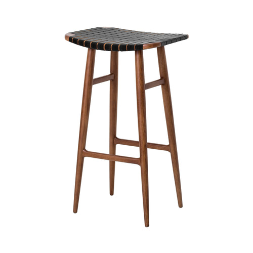 Freja Bar Stool: Natural Walnut + Black Saddle + Leather Stripe Seat