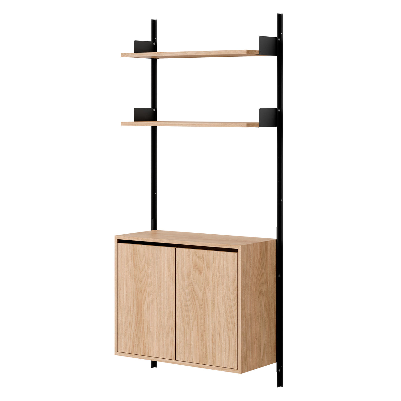 New Works Wall Shelf Cabinet with Doors: Tall + Oak + Black