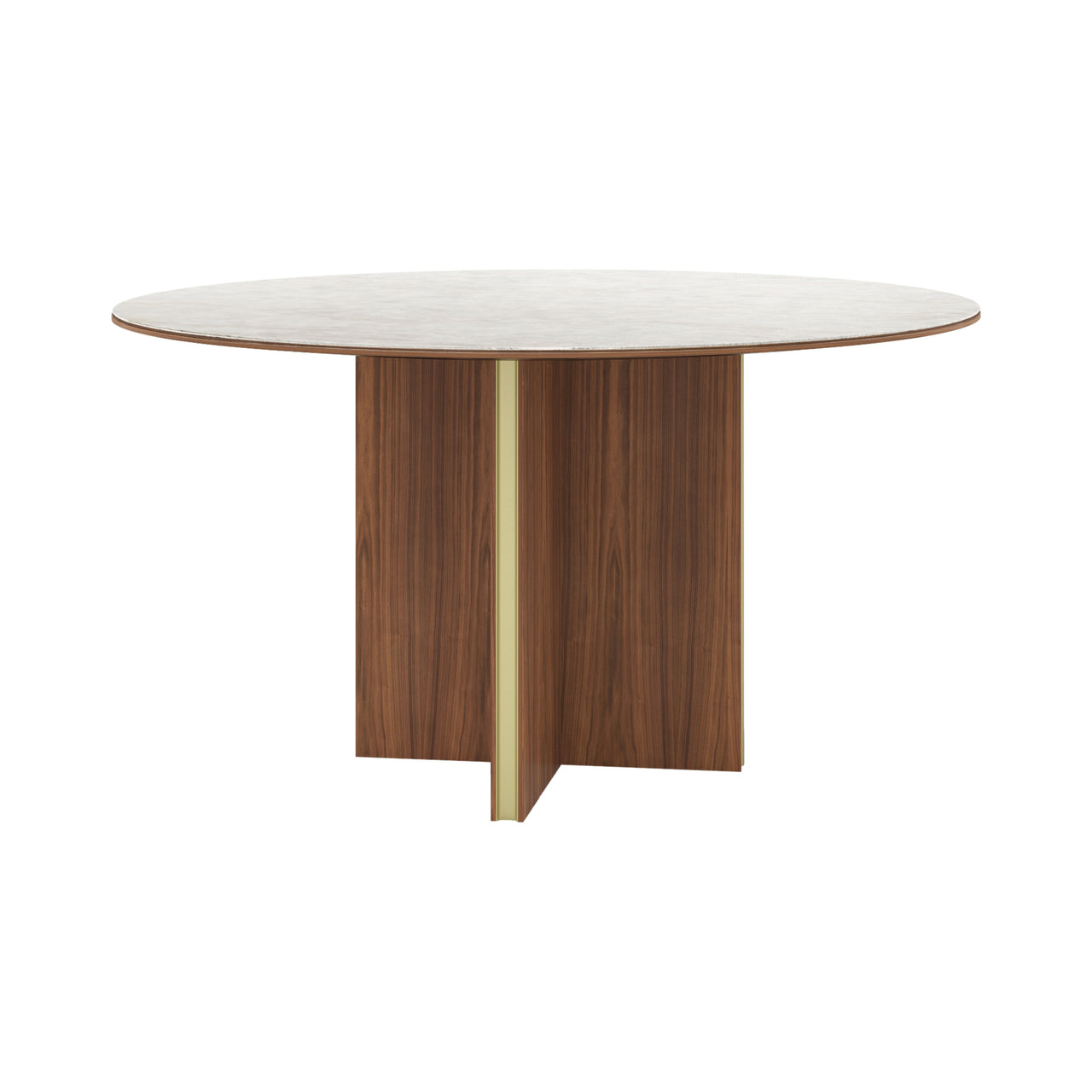 Stockholm Ceramic Round Table: Dekton Natura + Walnut Stained Walnut + Anodised Aluminum Gold