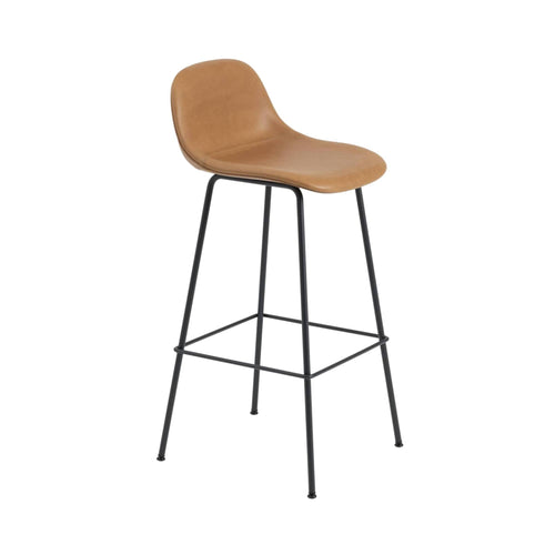 Fiber Bar Stool with Backrest: Tube Base + Upholstered + Refine Leather Cognac