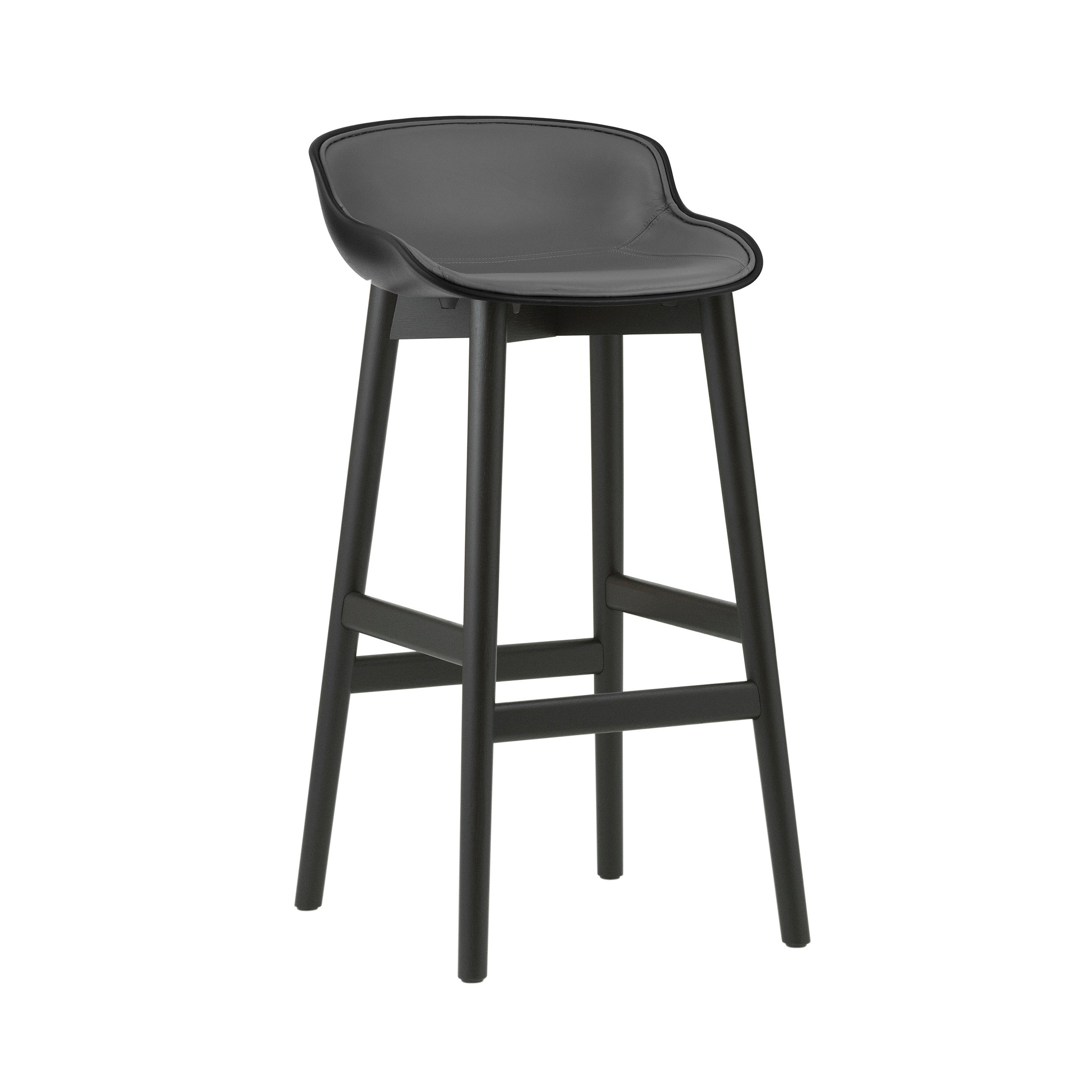 Hyg Bar Stool: Wood Base + Front Upholstered + Black Oak + Black