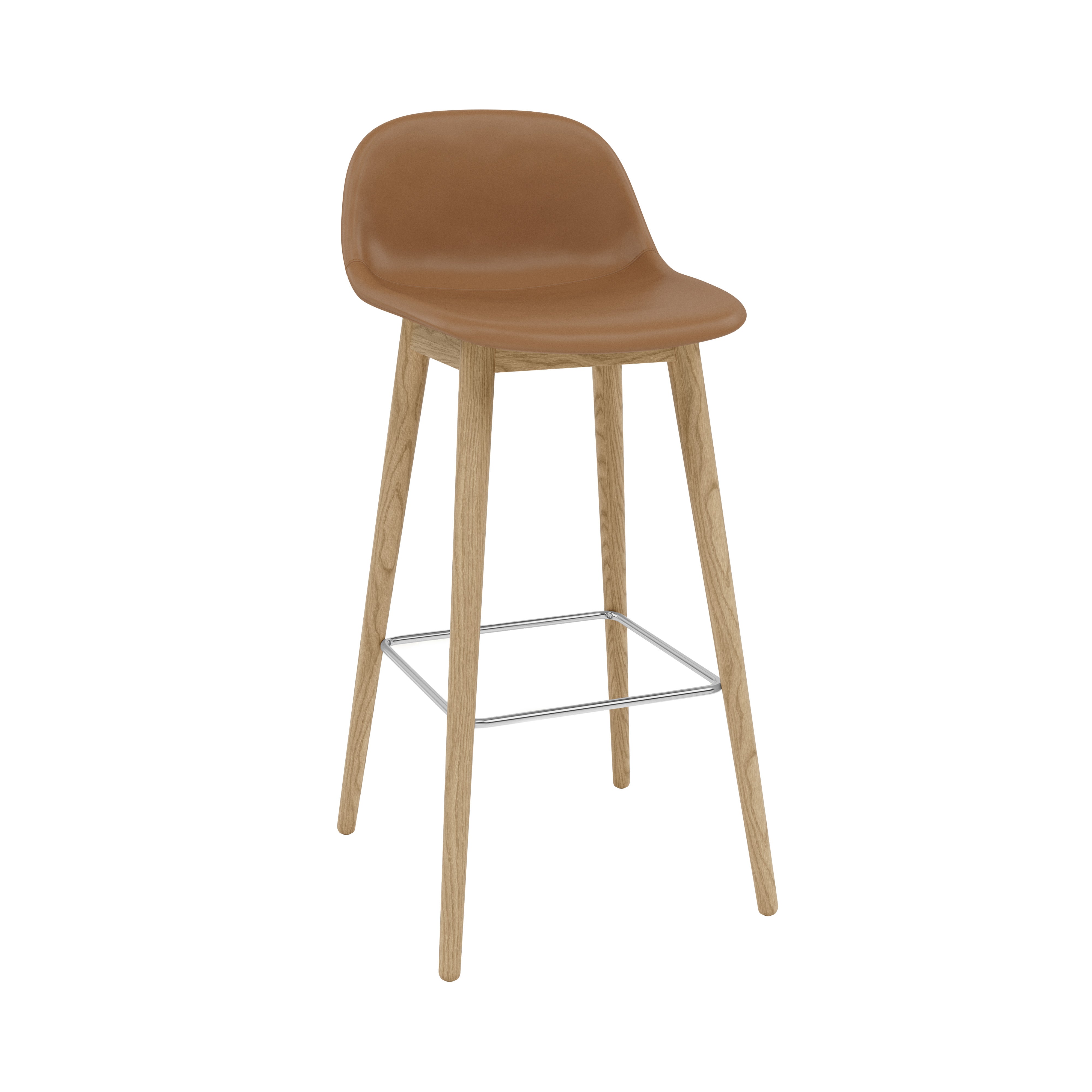 Fiber Bar + Counter Stool with Backrest: Wood Base + Upholstered + Bar + Refine Leather Cognac
