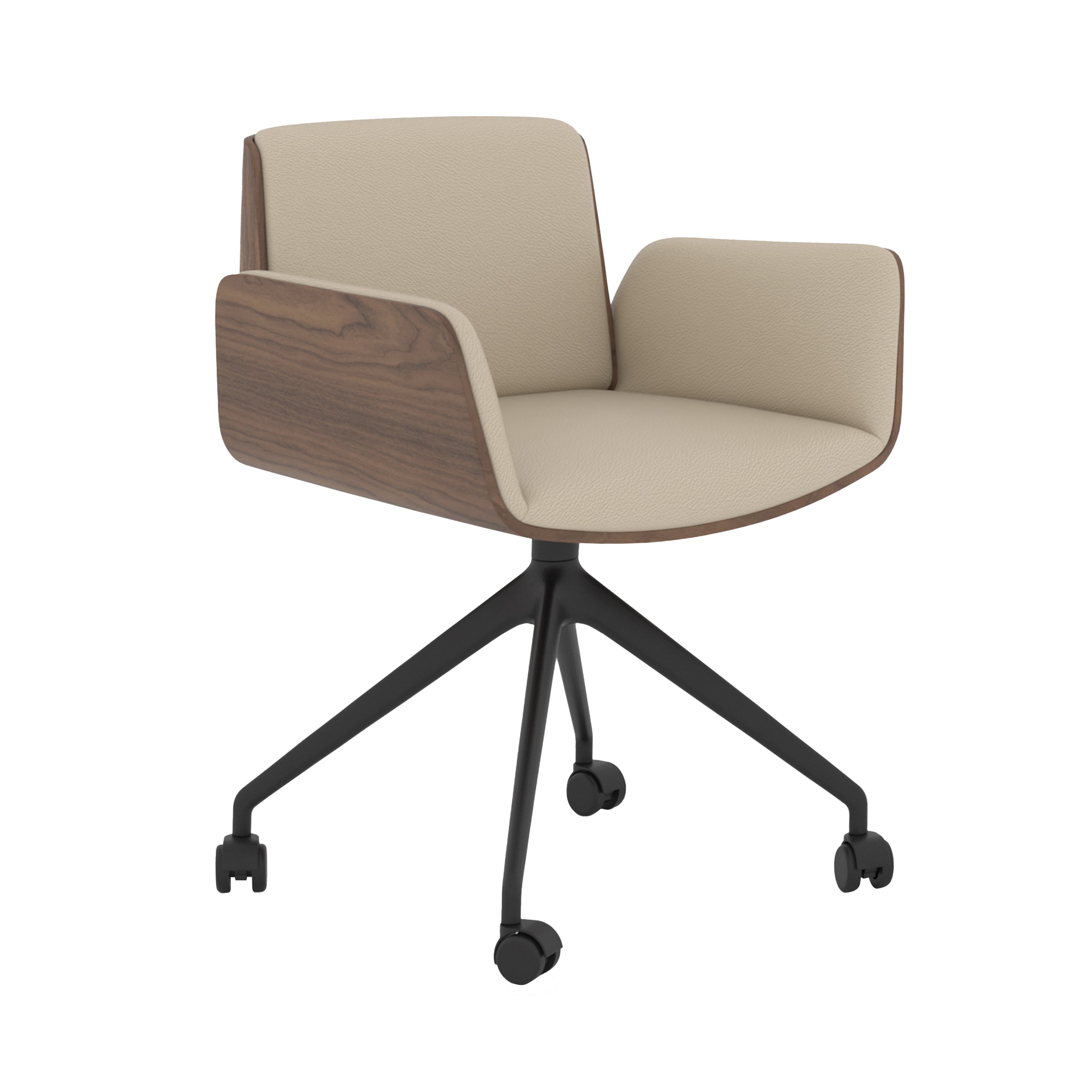 Hug 4 Star Swivel Base Chair: Front Upholstered + Castors + Walnut Stained Oak + Black